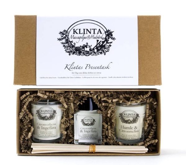 Klinta cadeaudoos met twee geurkaarsen en geurstokjes in frisse geuren